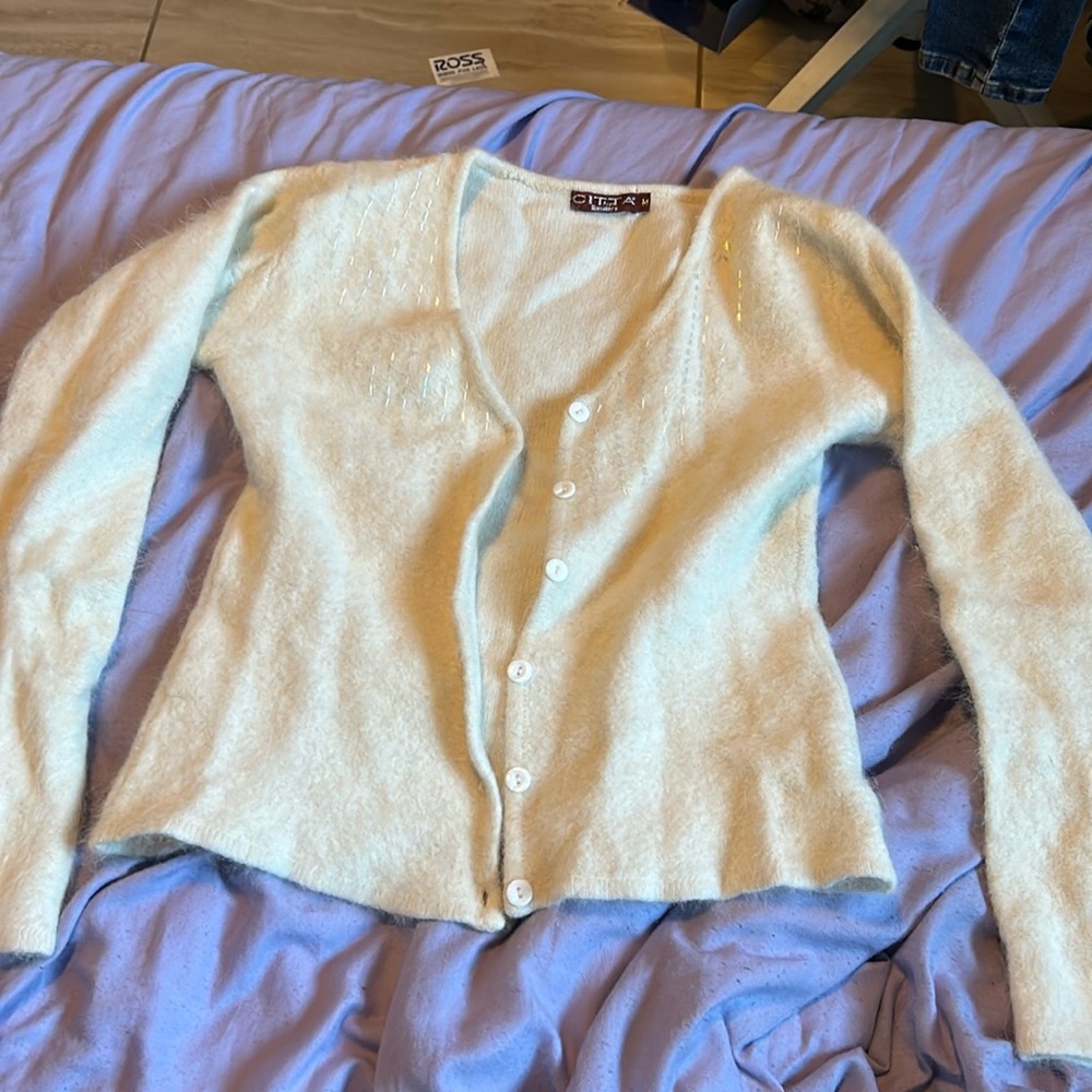 White cashmere button up sweater